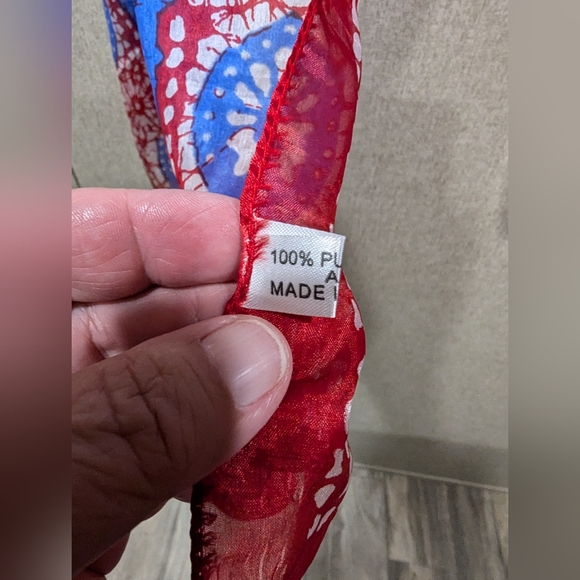 Vibrant Blue and Red 100% Silk Scarf. 68x22 Inches. Lightweight. Flowy. GUC. - Picture 3 of 7